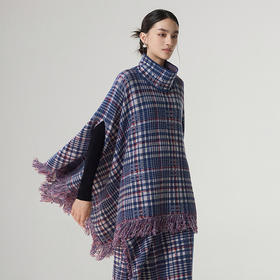 【林栖设计小店】格纹毛织披肩复古气质宽松高领2025秋冬新款流苏斗篷上衣2954006