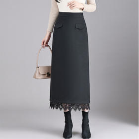 QYM 66922-Y松紧高腰半身裙开衩包臀裙蕾丝拼结直筒裙