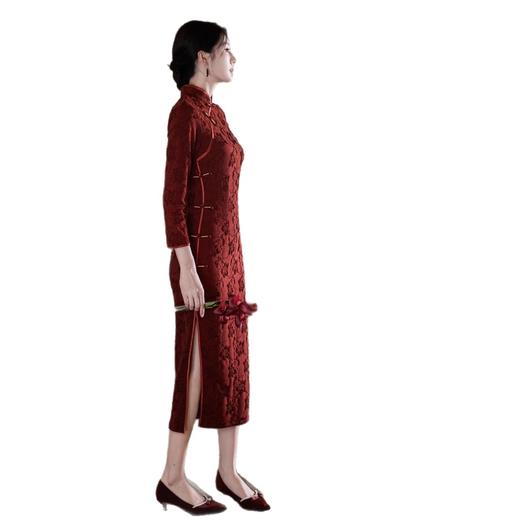 复古中国风针织提花长款旗袍2025秋新款喜妈妈婚宴长袖旗袍SYK23049 商品图4