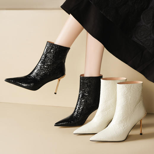 OLD M1222-1 时尚尖头细跟短筒显瘦靴纯色韩版风牛皮后拉链时装靴 商品图0