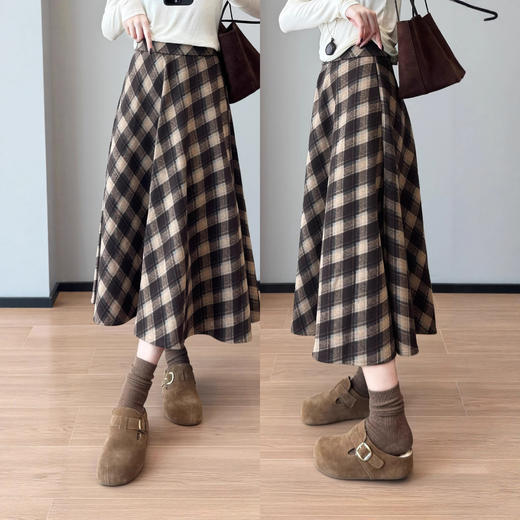 复古气质！遮跨显瘦！气质松紧高腰半身伞裙格纹毛呢女25秋冬款！ 商品图0