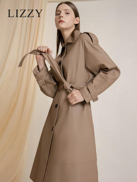 LIZZY 秋季绵羊皮翻领单排扣风衣外套(可脱卸帽)7456