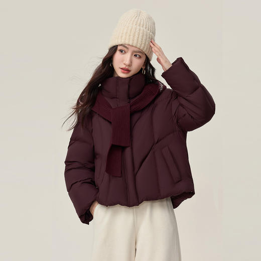【年货节】熙世界琥珀流光短款羽绒服女冬季2025年新款酒红色连帽白鸭绒外套 商品图3