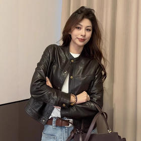 丁摩 绵羊皮真皮皮衣女短款高级感圆领上衣2586