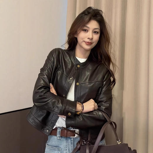 丁摩 绵羊皮真皮皮衣女短款高级感圆领上衣2586 商品图0