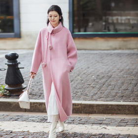 【林栖设计小店】双面呢外套围裹式优雅粉色2025秋冬新款长款毛呢大衣女1954070