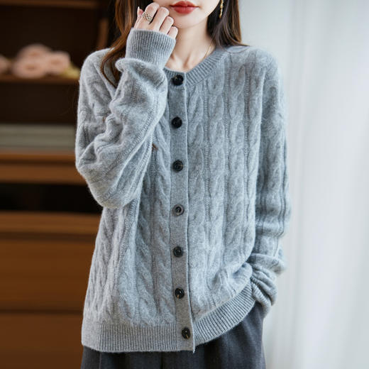 丁摩 纯羊毛开衫女圆领百搭毛衣扭花外套QT1-G093 商品图3