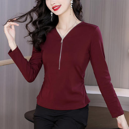 KQL A48N50166纯色V领长袖t恤抽褶修身显瘦拉链上衣 商品图2