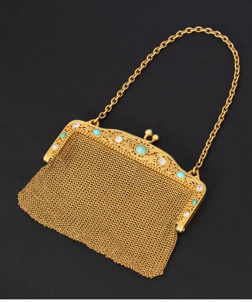 独角鹿西洋古董 19世纪末法国出品花叶纹镂雕18K黄金镶嵌钻石及绿松石网状编织晚宴包 商品图3