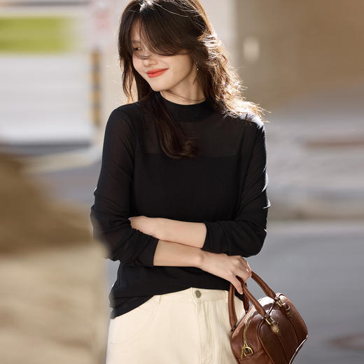 【10/23新品】熙世界柔软云感网纱半高领针织衫女2025年秋冬新款内搭上衣打底衫 商品图4