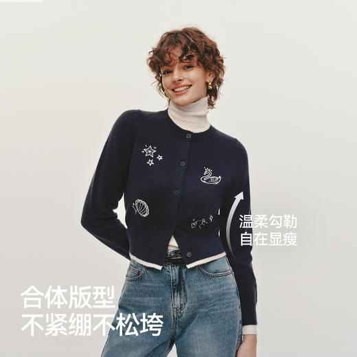 森马针织开衫女冬季短款绣花图案假两件正肩2025新款叠穿小众上衣 商品图3