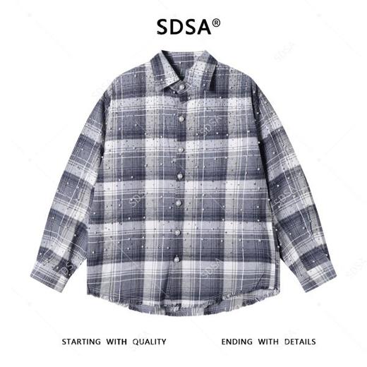 SDSA秋冬新款痞帅男装撞色烫钻珠子长袖衬衫百搭宽松格纹时尚上衣 商品图1