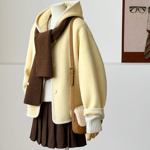 【甜暖霜馨】2025新款韩系小个子连帽包边设计款百搭短款羊毛大衣！ 商品图2