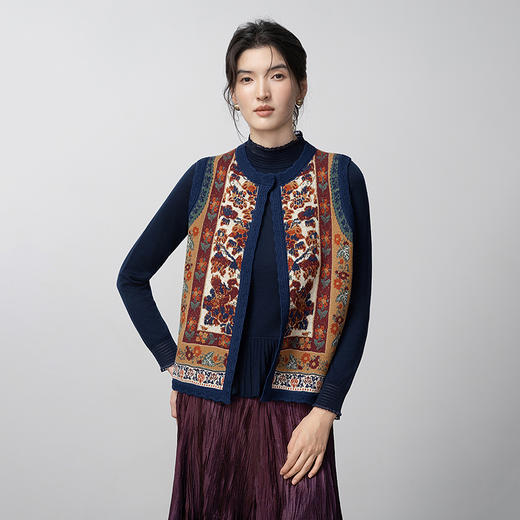 【林栖设计小店】新中式秋色鸳鸯毛织马甲提花钩花复古百搭2026春季新款毛衣外套女G1961202 商品图0