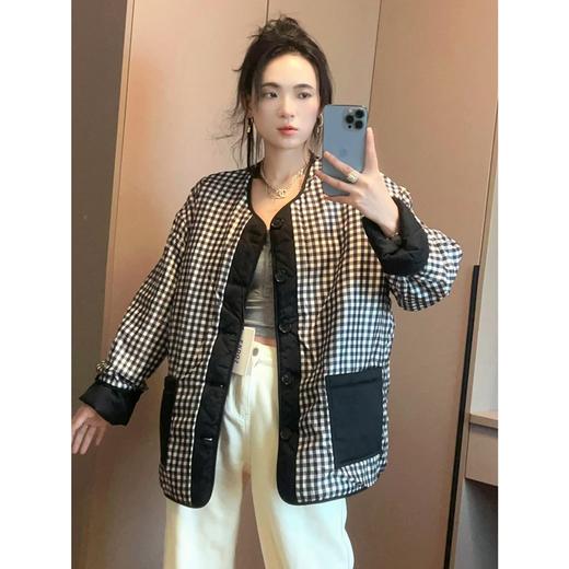 ERD&OS 轻便夹克棉服女V领复古菱型格纹两穿宽松外套 商品图9