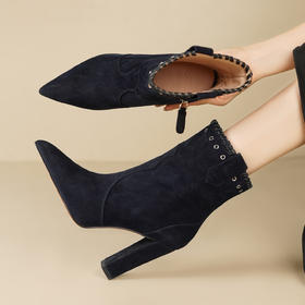 OLD M1225-1羊反绒软皮气质尖头高跟时装靴侧拉链显瘦粗跟短靴