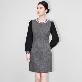 「高货wl」全新升级【铂金会员330/天猫449/差价119】(50240)洛诗琳优雅拼接连衣裙2025秋冬轻奢重工珍珠领减龄收腰裙