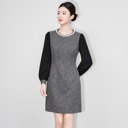 「高货wl」全新升级【铂金会员330/天猫449/差价119】(50240)洛诗琳优雅拼接连衣裙2025秋冬轻奢重工珍珠领减龄收腰裙 商品图0