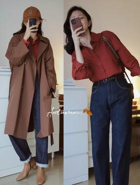 秋冬毛衣大衣cp复古港风纯棉长袖廓形衬衫