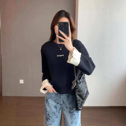 法式宫廷！2025拼接衬衫百褶袖小字母印花宽松版型圆领落肩卫衣！ 商品图1