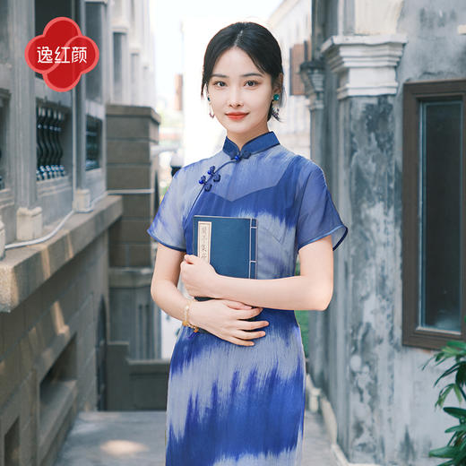 逸红颜夕霞2025夏新植物渐变染轻盈双绉雪纺蕾丝衬裙复古修身旗袍 商品图1