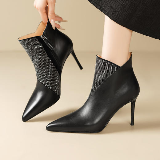 OLD M1162-1真皮水钻加绒时装靴细跟尖头短筒高跟靴 商品图3