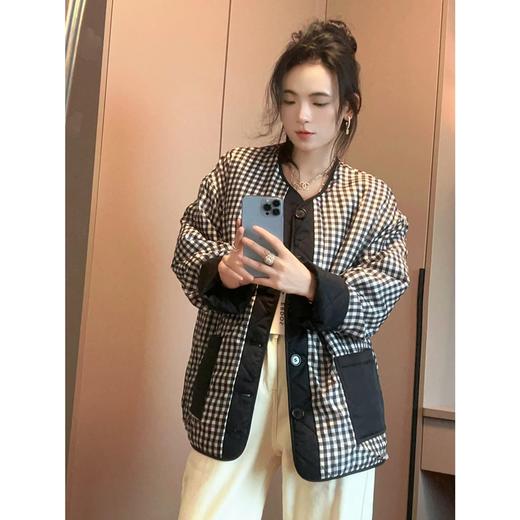 ERD&OS 轻便夹克棉服女V领复古菱型格纹两穿宽松外套 商品图8