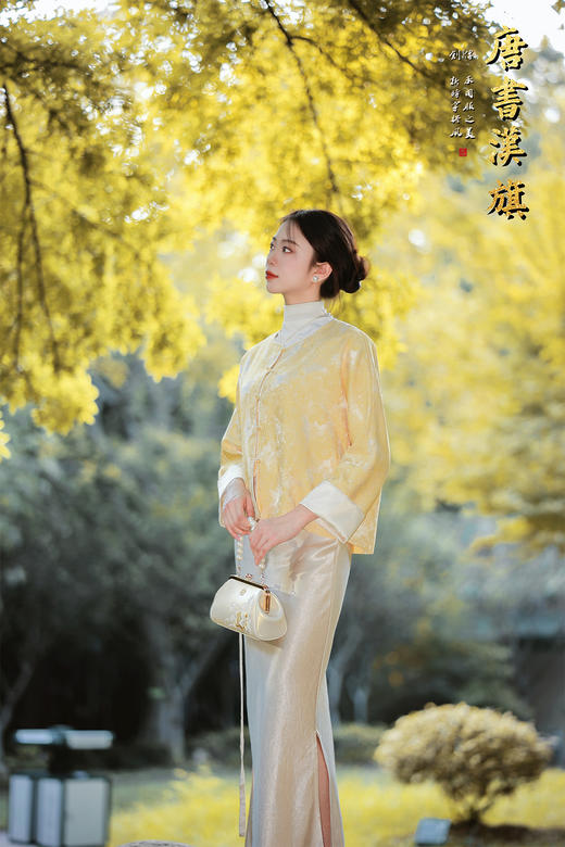 【烟紫黄鹤云（织锦缎）】鹅黄提花中式短衫，撷取国风雅意，焕新日常穿搭。   衣身以柔润鹅黄为底，暗织精致提花纹理，圆领设计衬出颈部温婉线条；门襟缀质感纽扣，七分袖口翻折浅香槟色缎面 商品图2