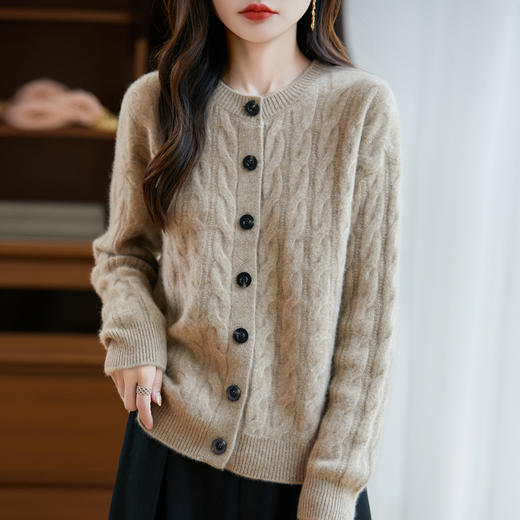 丁摩 纯羊毛开衫女圆领百搭毛衣扭花外套QT1-G093 商品图2