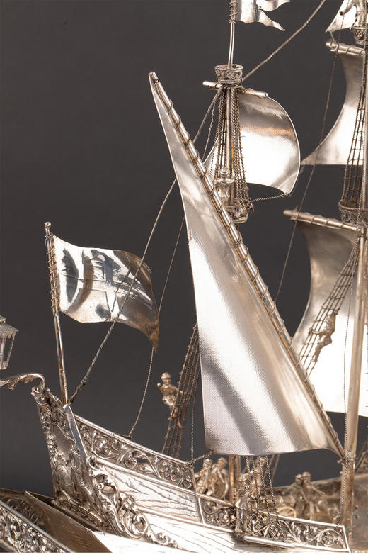 独角鹿西洋古董 1927年德国出品纯银精雕帆船摆件 商品图5