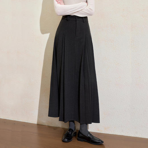西遇韩系百搭百褶裙女冬季新款高腰显瘦大裙摆通勤长款半身裙H0055348 商品图0