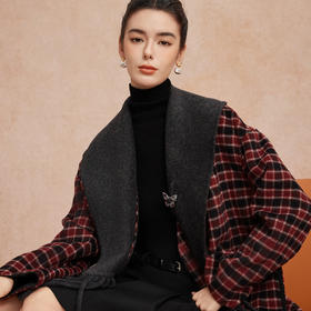 QH916斯尔丽25新款轻薄双面格子宽松流苏大翻领时尚大衣