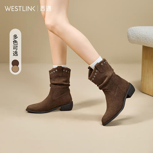 西遇V口西部牛仔靴女新款秋冬复古铆钉绒面堆堆靴黑色短靴子V2257266 商品图0