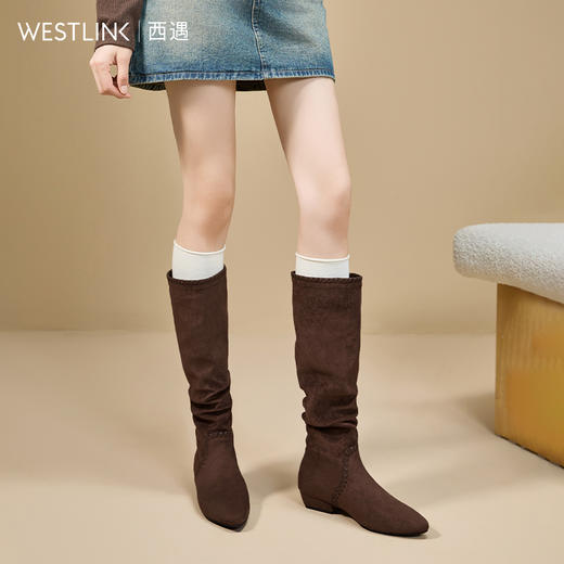 西遇复古堆堆靴女新款秋冬绒面西部牛仔靴低跟不过膝高筒长靴V2257265 商品图2