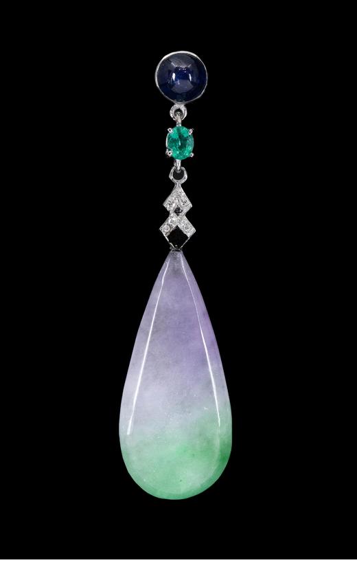 独角鹿西洋古董 1950年代法国出品装饰艺术风格水滴造型铂金镶嵌春带彩翡翠蓝宝石祖母绿钻石及珐琅耳环一对 商品图2