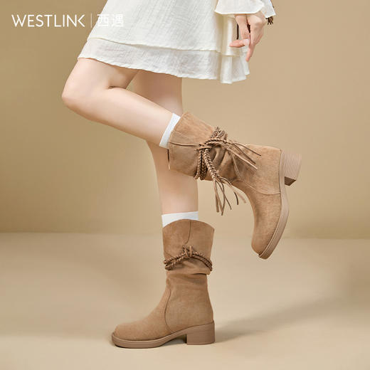 西遇西部牛仔靴女新款秋冬废土风流苏复古堆堆靴中筒粗跟短靴V2257259 商品图3