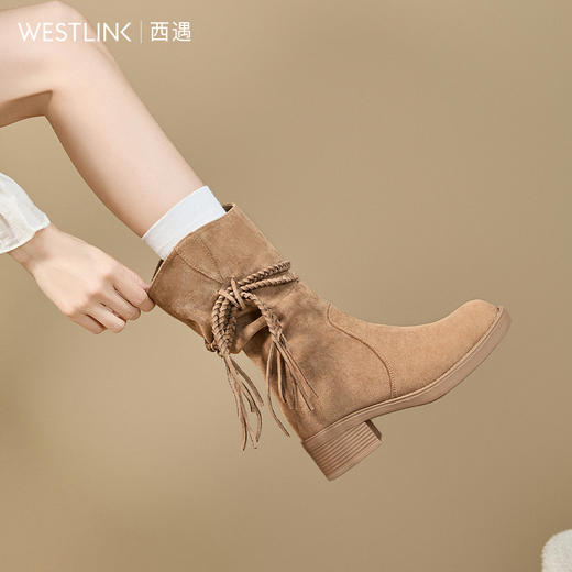 西遇西部牛仔靴女新款秋冬废土风流苏复古堆堆靴中筒粗跟短靴V2257259 商品图1