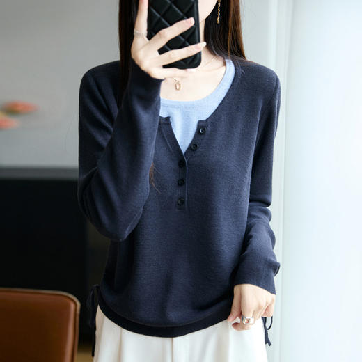 丁摩 羊毛混纺圆领假两件撞色打底针织衫QT2-589 商品图3
