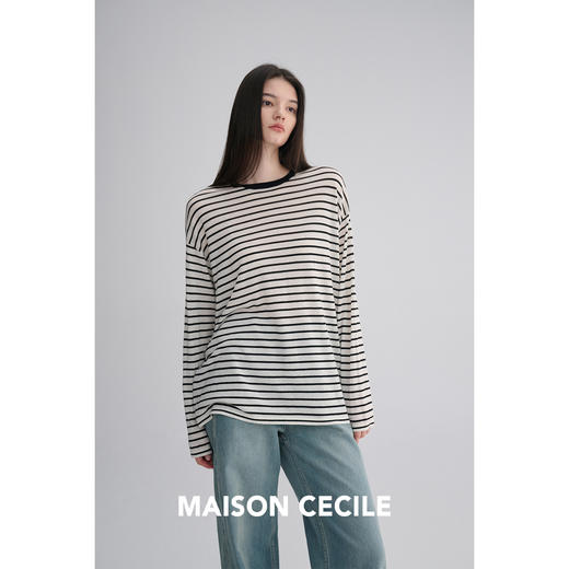 MAISON CECILE 全羊毛软糯舒适黑白条纹宽松休闲感针织毛衣 商品图4