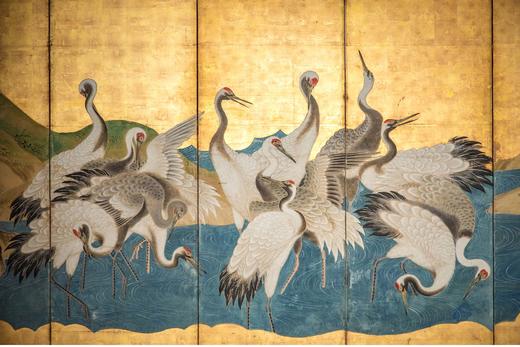 【已售】独角鹿西洋古董 20世纪日本出品「湖畔仙鹤」主题金地纸本设色六曲屏风 商品图3