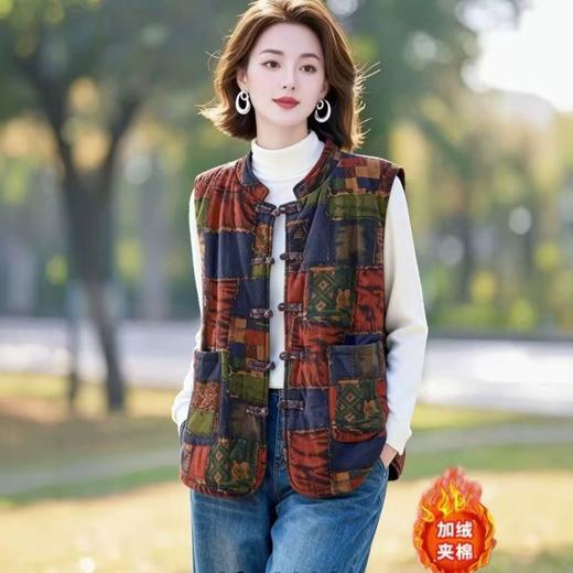 冬季新款复古印花马甲新中式盘扣无袖背心女民族风背心坎肩 商品图0