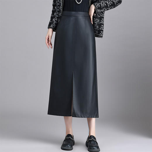 QYM 66925-Y半身裙PU皮开衩气质包臀裙中长款一步裙 商品图0