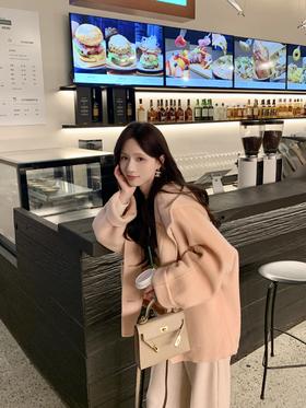 现货 粉色M/L码【冬日恋曲】设计师高定戴帽双面呢秋冬保暖显瘦骆驼绒大衣