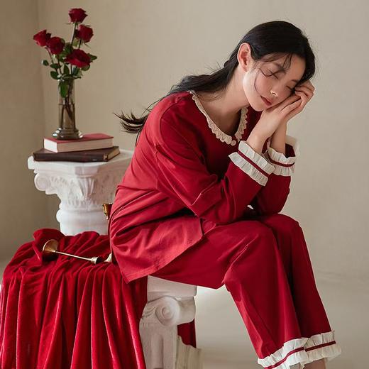 【围绕幸福】2025秋冬睡衣长袖纯棉大红色本命年结婚喜庆小香风圆领家居服 商品图3