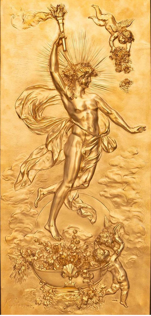 【已售】独角鹿西洋古董 19世纪意大利艺术家Karl Sterrer签名创作铜鎏金浮雕装饰画《日与夜》 商品图2