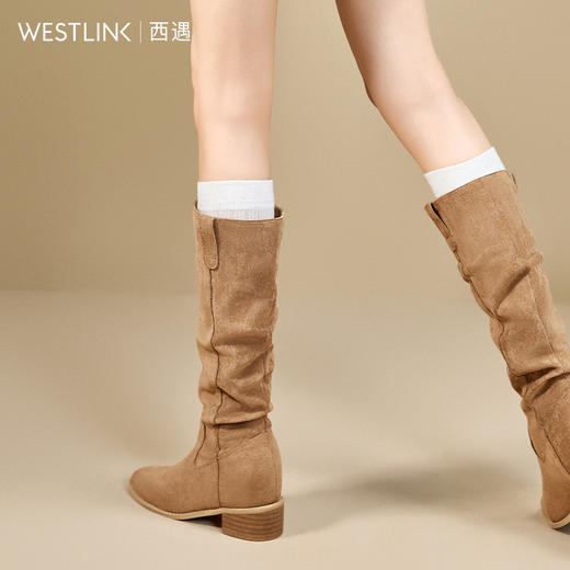 西遇高筒西部牛仔靴女新款秋冬内增高褶皱堆堆靴美拉德长筒靴V2257225 商品图3