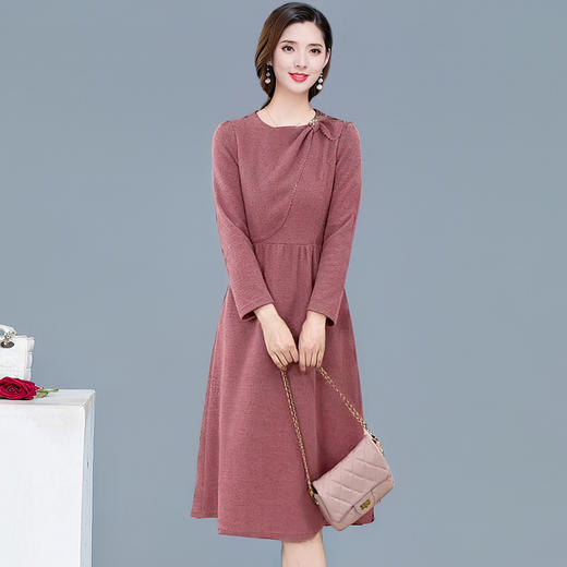 QYM 99H266-Y圆领粉色连衣裙高腰A字裙厚款中长裙 商品图2