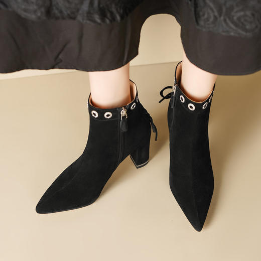 OLD M1215-1羊反绒高跟短靴粗跟真皮尖头侧拉链靴 商品图2