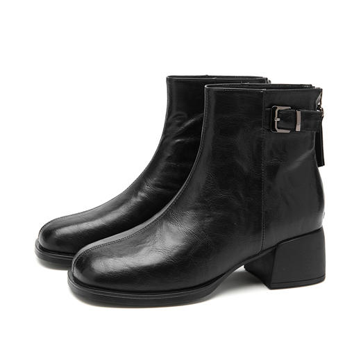 西遇粗跟短靴女新款秋冬高跟鞋皮带扣法式百搭黑色圆头瘦瘦靴V2257251 商品图4