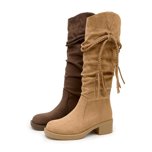 西遇长筒西部牛仔靴女新款秋冬美拉德堆堆靴粗跟不过膝长靴V2257260 商品图4